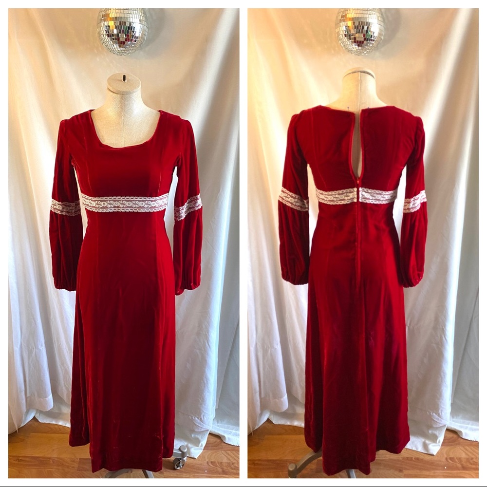 Vintage 70’s Red Velvet Lace Trim Maxi Dress Gown